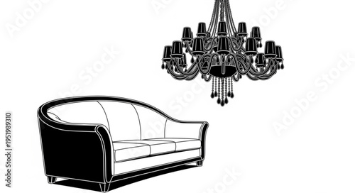 Elegant Living Room Scene - Ornate Chandelier and Classic Sofa.