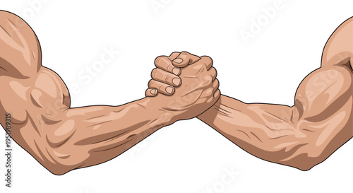 Two muscular forearms are engaged in an arm wrestling grip on a white background.