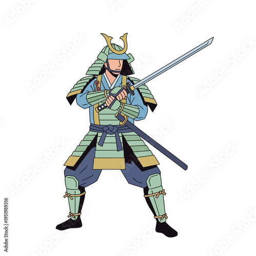 Samurai Warrior in Traditional Armor Holding Katana Sword, Ready for Battle