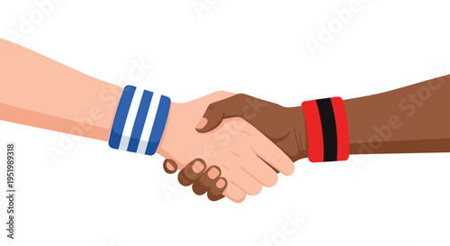 Two forearms, one light-skinned and one dark-skinned, are shaking hands on a plain white background.