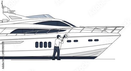 A person in a dark uniform stands beside a large white yacht, polishing its hull with a tool on a white background.
