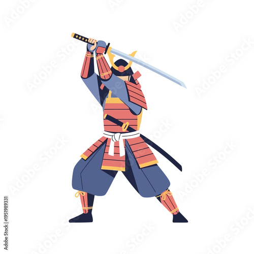 Samurai warrior in traditional armor with katana sword, ready for battle, flat design illustration