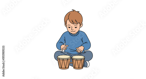 A young boy in a blue sweater sits cross-legged on a white background, playing two bongo drums.