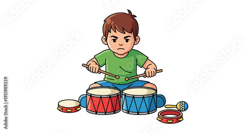A young boy with a determined expression sits playing two drums with drumsticks, surrounded by other percussion instruments.