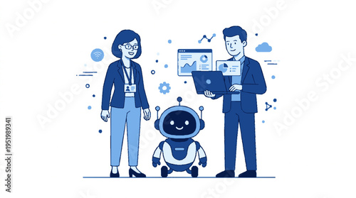 Business professionals and robot collaborate on data analysis and technology integration