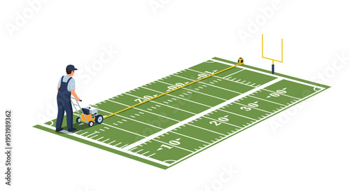 A worker in blue overalls pushes a lawnmower across a football field with yard lines and a goalpost, measuring with a tape.