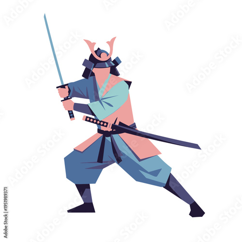 Samurai Warrior with Swords in Dynamic Pose, Flat Design