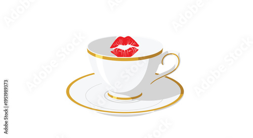 A white teacup with a gold rim and a red lipstick print sits on a matching saucer against a plain white background.