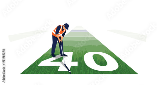 A worker in a safety vest and cap uses a line marker to paint the 40 yard line on a green football field.