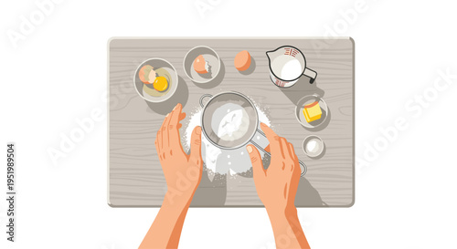 A pair of light-skinned hands sifts white flour through a metal sieve onto a light wooden cutting board surrounded by baking ingredients.