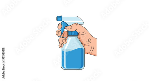 A light-skinned hand firmly grips a transparent spray bottle filled with blue liquid, featuring a dark blue cap and trigger against a white background.