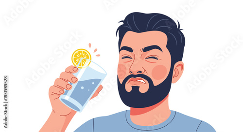 A bearded man makes a sour face while holding a glass of water with a lemon slice on a white background.