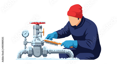 A person in a red hat and blue jumpsuit kneels, brushing snow off an icy industrial valve and pipe system.