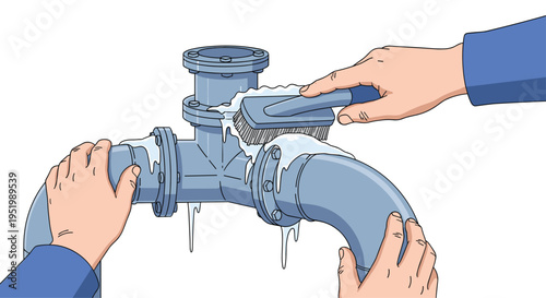 Two hands with a blue brush are cleaning an icy grey pipe assembly with dripping water on a white background.