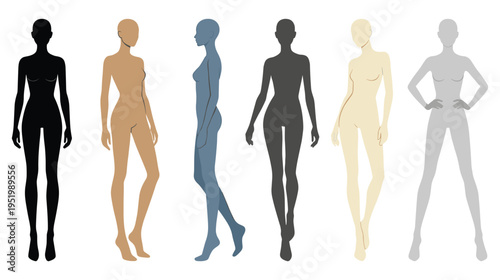 Fashion female figures in various poses and skin tones