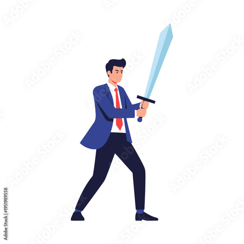 Businessman holding a sword, ready for battle, symbolizing courage and strategy in business