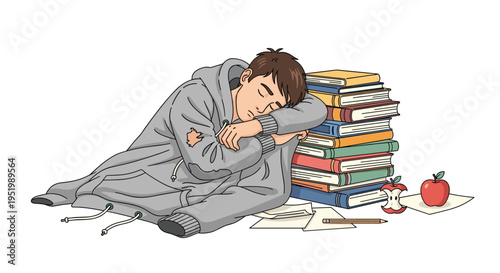 A young man in a grey hoodie sleeps on the floor beside a tall stack of books and an apple.