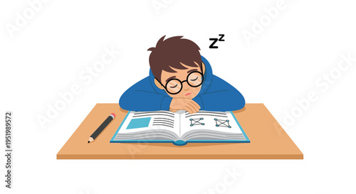 A boy with glasses sleeps on an open book at a wooden desk with a pencil nearby.