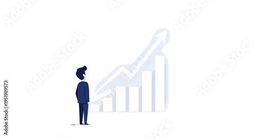 A man in a suit stands observing an ascending bar graph on a white background.