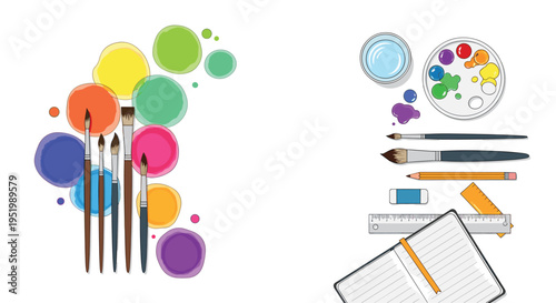 Various art supplies, including paintbrushes and colorful paint splotches, are arranged on a white surface.