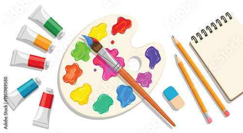 A top-down view shows paint tubes, a palette with vibrant colors, a paintbrush, pencils, an eraser, and a notebook.