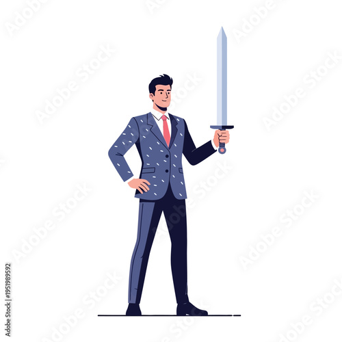 Businessman holding a sword, symbol of power, strategy, and business success