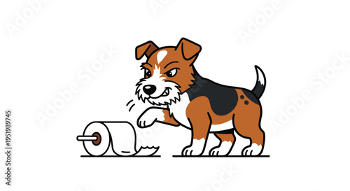 A cartoon Jack Russell terrier with brown and white fur stands on a white surface, interacting with a single toilet paper roll.