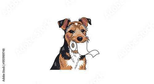 A brown, black, and tan terrier-type dog holds a partially unrolled white toilet paper roll in its mouth against a white background.