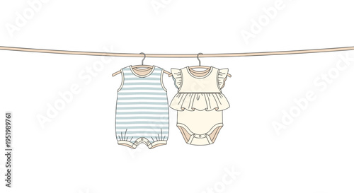 Two baby rompers, one striped and one ruffled beige, hang on hangers from a clothesline against a white background.
