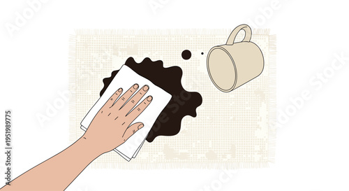 A hand uses a white paper towel to clean a dark liquid spill next to an overturned mug on a textured beige surface.