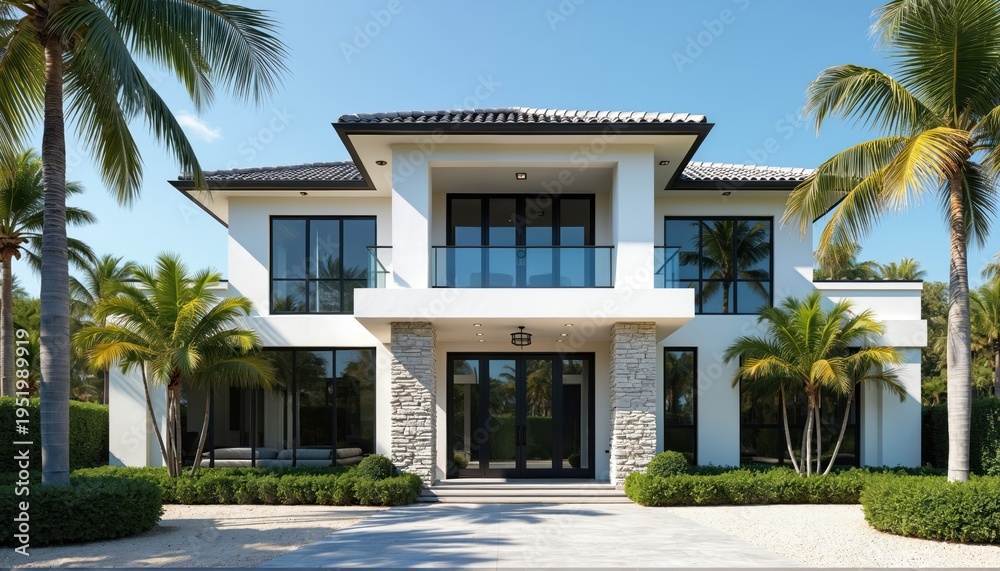 Fototapeta premium Modern white house with black accents and palm trees. Large windows and balcony overlook rich green landscaping. Luxury residential property facade with stone pillars.