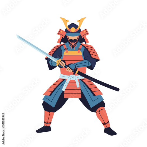 Japanese Samurai Warrior in Traditional Armor Holding Katana Sword