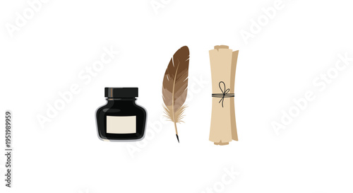 A brown feather quill pen stands next to a dark brown inkwell and a tied rolled scroll on a white background.