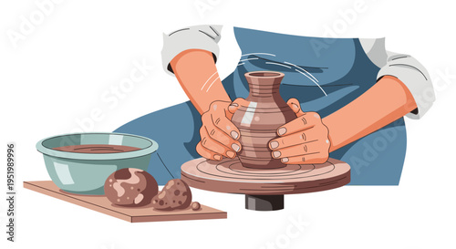 A person's hands wearing a blue apron are actively shaping a brown clay pot on a spinning pottery wheel.