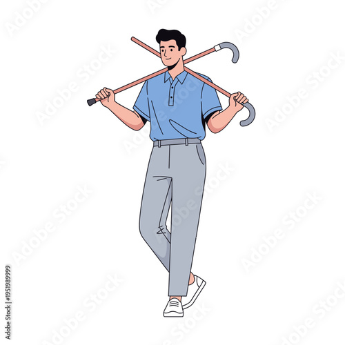 Man holding two walking canes over shoulders, graphic illustration, white background