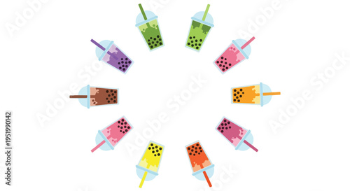 A vibrant circular arrangement of colorful bubble tea drinks with tapioca pearls and straws, presented on a clean white background.