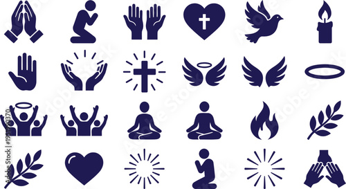 Collection of various religious and spiritual icons and symbols for prayer meditation and worship  isolated on white background