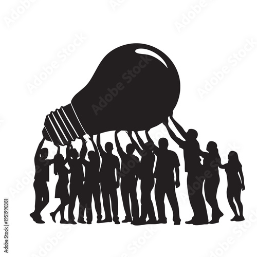 Team collaboration idea generation vector silhouette. People working together carrying giant light bulb. Innovation teamwork business success. Collective effort creative solution development.