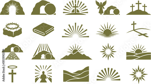 Easter and Christian faith themed icons including crosses sunrises and religious symbols on white background