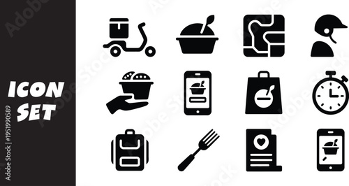 Creative icon set featuring food delivery and dining-related symbols