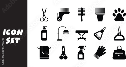 Comprehensive icon set for pet grooming tools and accessories