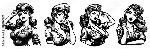 Vintage Military Pin-up Girls Collection, Sexy Women in Army Pilot Uniform Retro Style Vector Illustrations