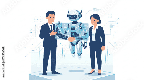 Futuristic business partners collaborate with advanced ai robot presenting digital interface showcasing innovation teamwork