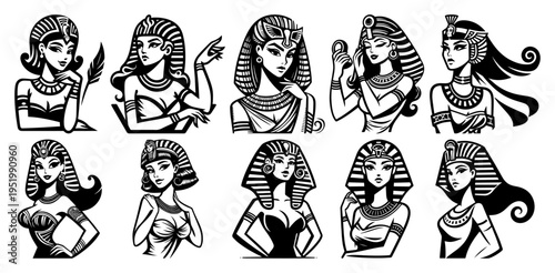 Ancient Egyptian Queen Cleopatra Vector Collection, Pharaonic Goddess Woman Portraits and History Characters