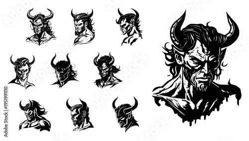 Horned Devil and Demon Head Collection Vector, Scary Satanic Monster Portrait Set, Horror Fantasy Character Face Illustration