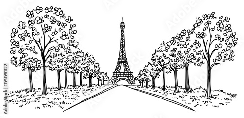 Paris Cityscape with Eiffel Tower and Tree Alley Sketch, Romantic French Landmark Park View, Hand-Drawn Europe Travel Vector