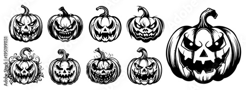 Spooky Halloween Pumpkins Collection, Grinning Jack-o'-Lanterns Faces Vector Set for Autumn Celebration