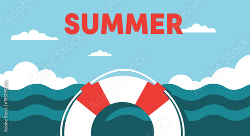 Vector summer background with lifebuoy and sea waves