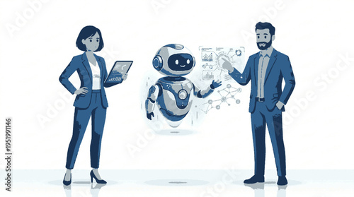 Futuristic business partners collaborate with advanced ai robot analyzing data streams and network connections showcasing innovation