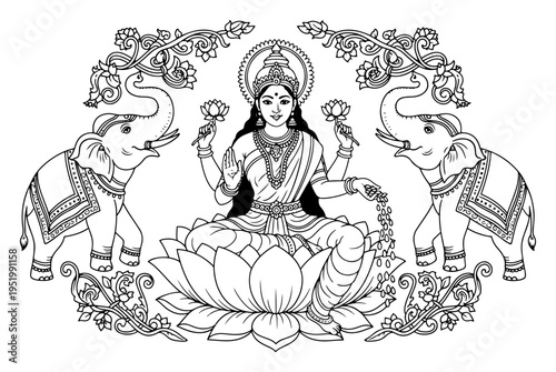 Goddess Lakshmi with Elephants Sitting on Lotus Flower, Hindu Mythology Gajalakshmi Sacred Vector Illustration for Coloring Book